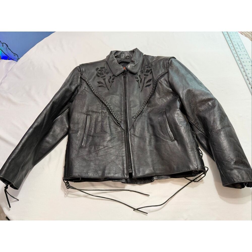 Midtown Cycles New York City Black Leather Motorcycle Rose Jacket Size Large